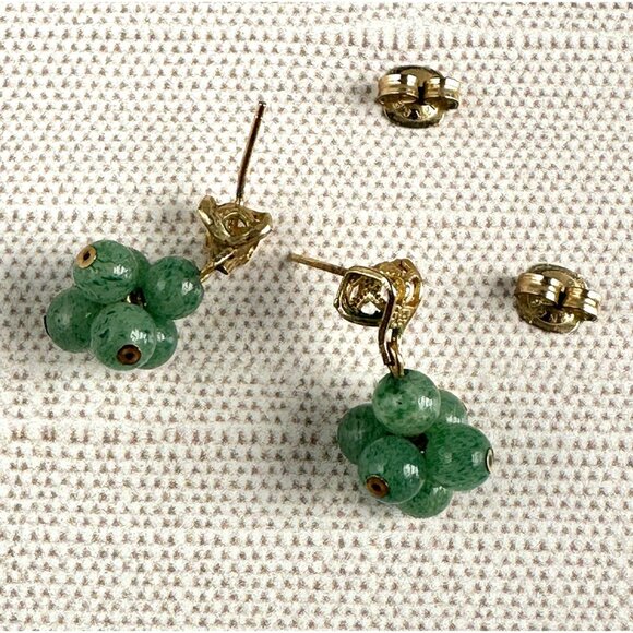 10K Gold Jade Drop Earrings, Real Green Beads - Picture 8 of 9